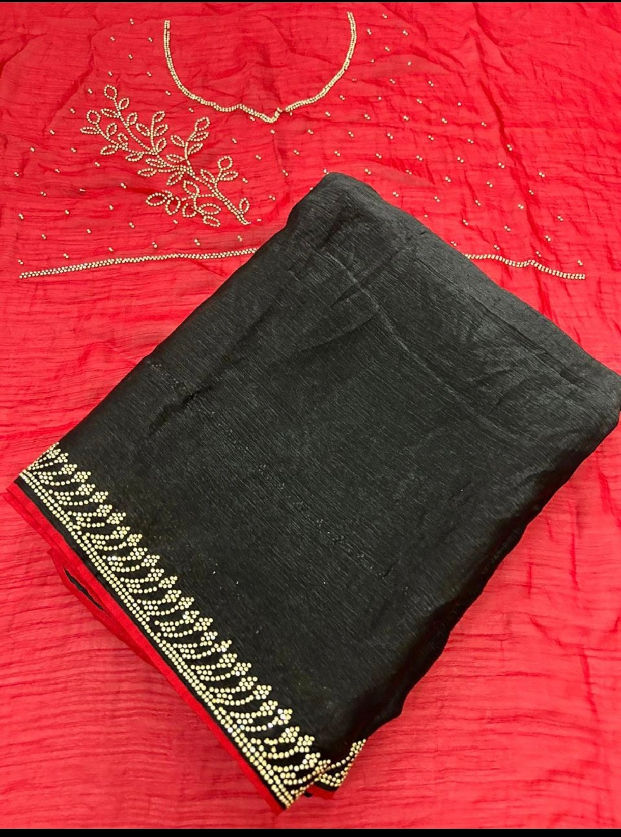 Black Party saree with Red Blouse Material