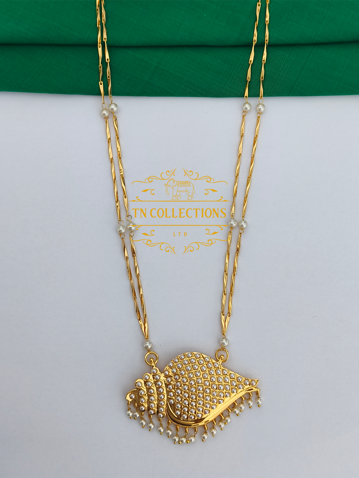 Micro Gold-Plated Traditional Shell pearl Sangu Design Pathakkam with Double layer Pearl chain