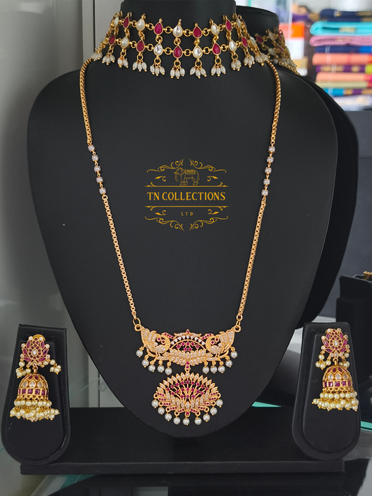 Trendy Jadu stone Necklace with Traditional Pathakkam Semi Bridal Set (Ruby & White)