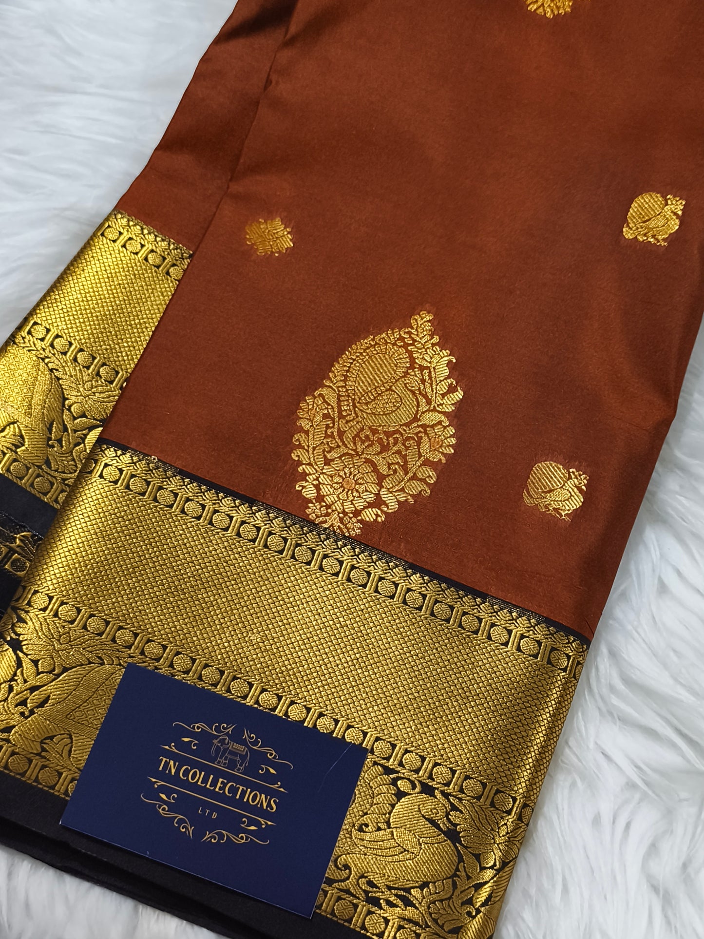 Trendy Vintage Rusty Orange with Dark Brown Kanchi Semi silk saree