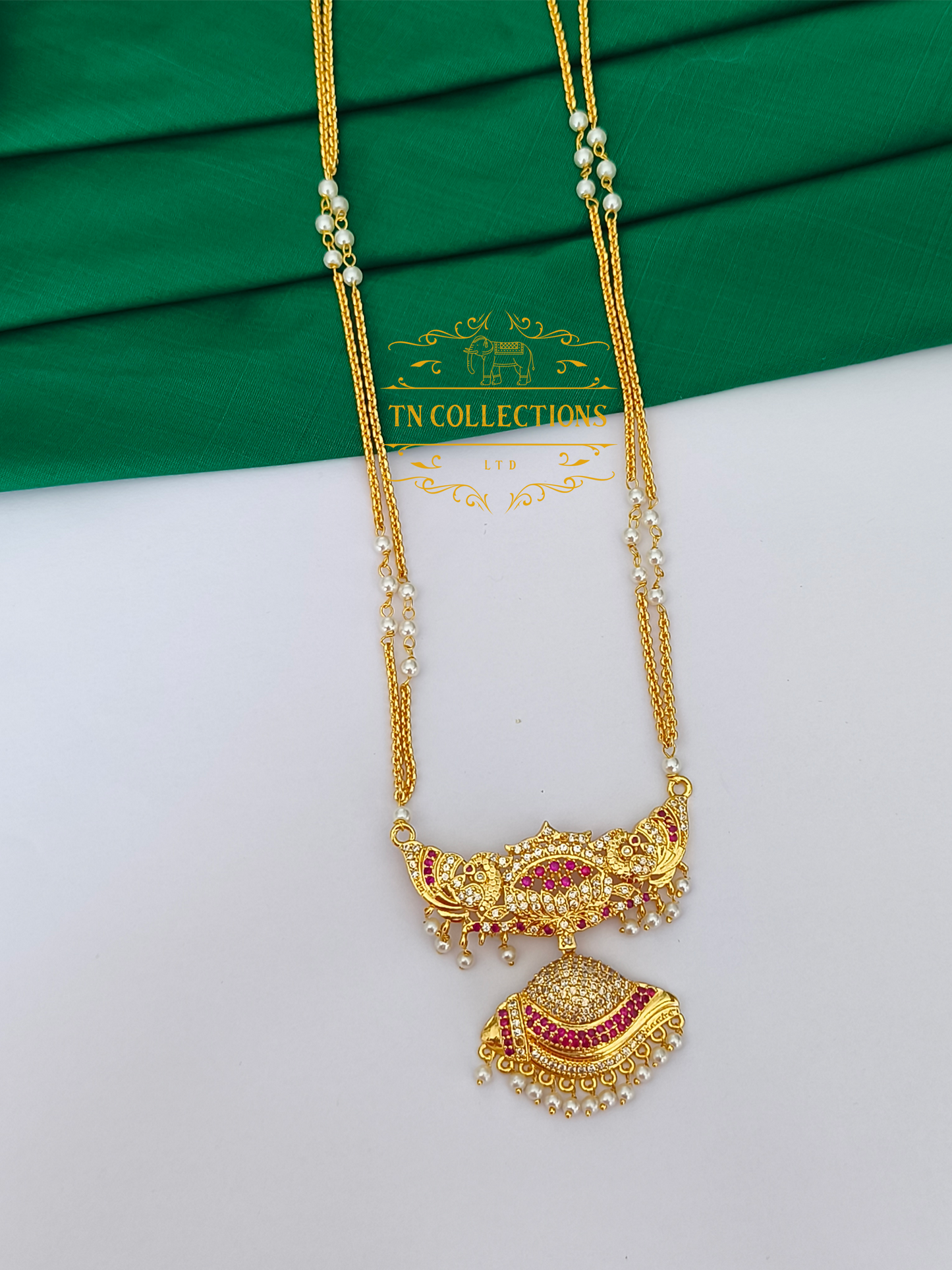 Micro Gold Finish Traditional Pathakkam with Pearl chain (Ruby & White stones)
