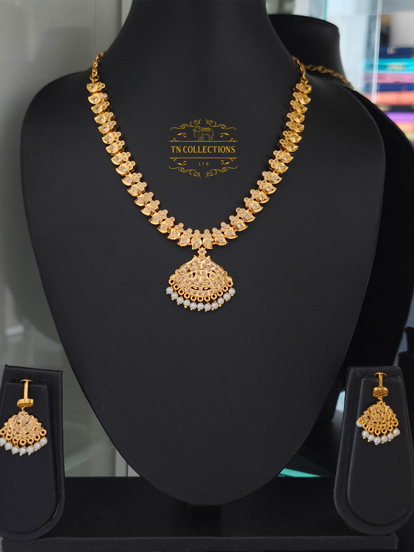 Micro Gold Plated Traditional Attiyal with earrings (Full White stones)