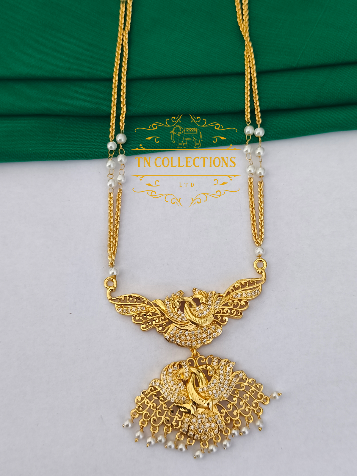 Micro Gold-Plated Traditional Pathakkam with Pearl Chain (Full white stones)