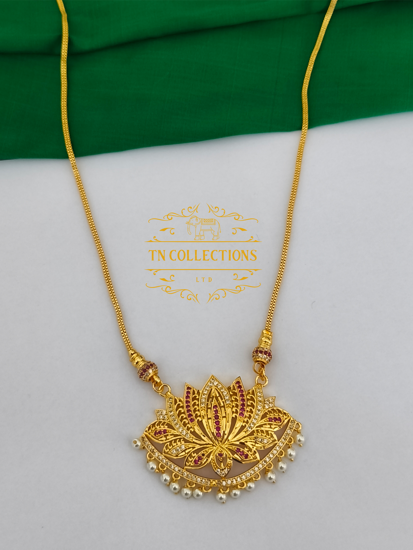 Micro Gold-Plated Lotus Pathakkam with Chain (Ruby & White stones)