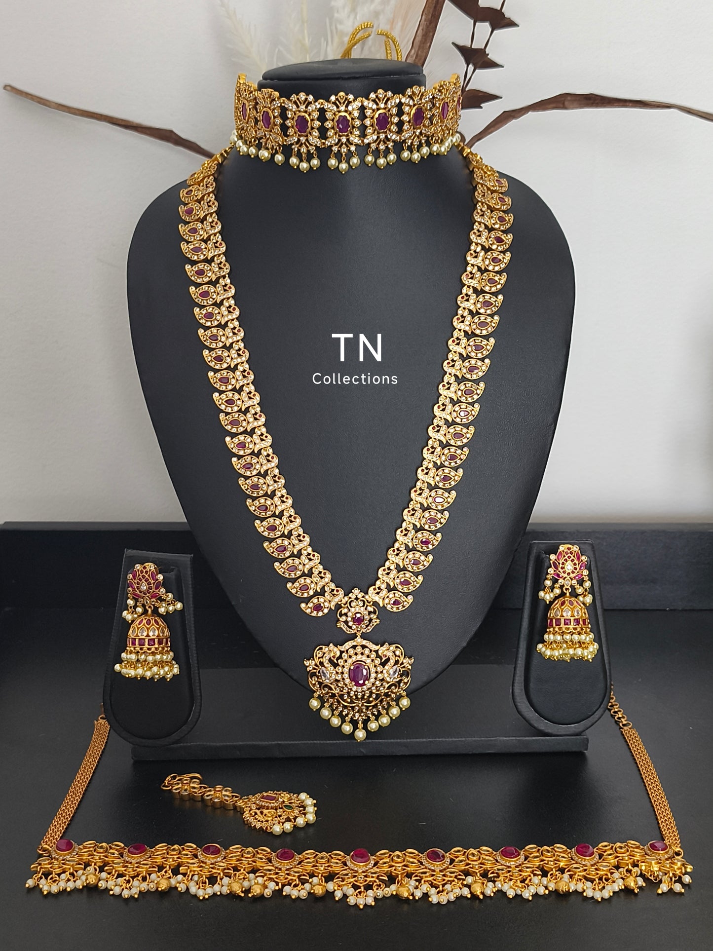 Matte gold Ruby & white Stone Semi Bridal Set/ wedding jewellery Set