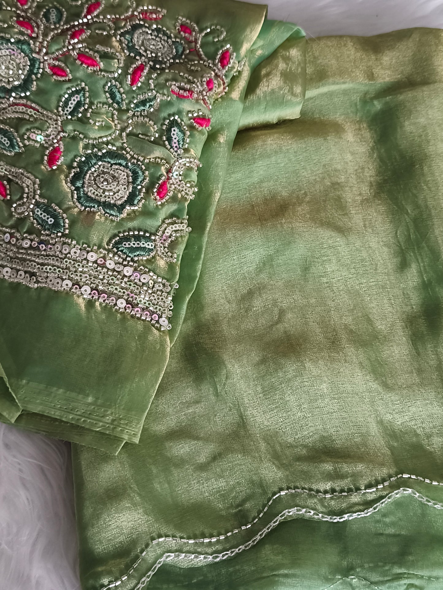Light Green Soft and Silky Space Silk party saree with Designer blouse