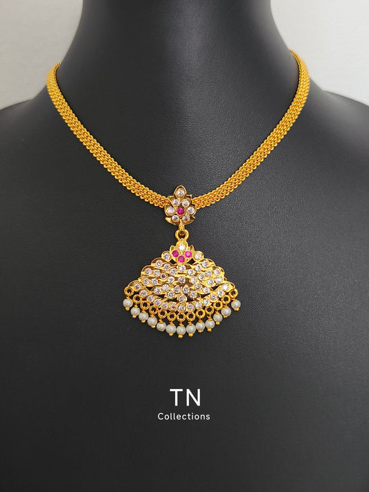 Traditional Impon Attiyal White and Ruby stones pearls hanging