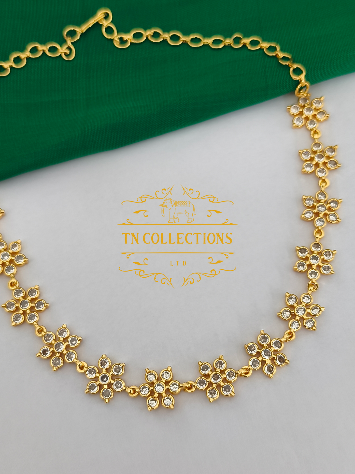 Micro Gold-Plated Floral Choker Necklace (Full White stones)