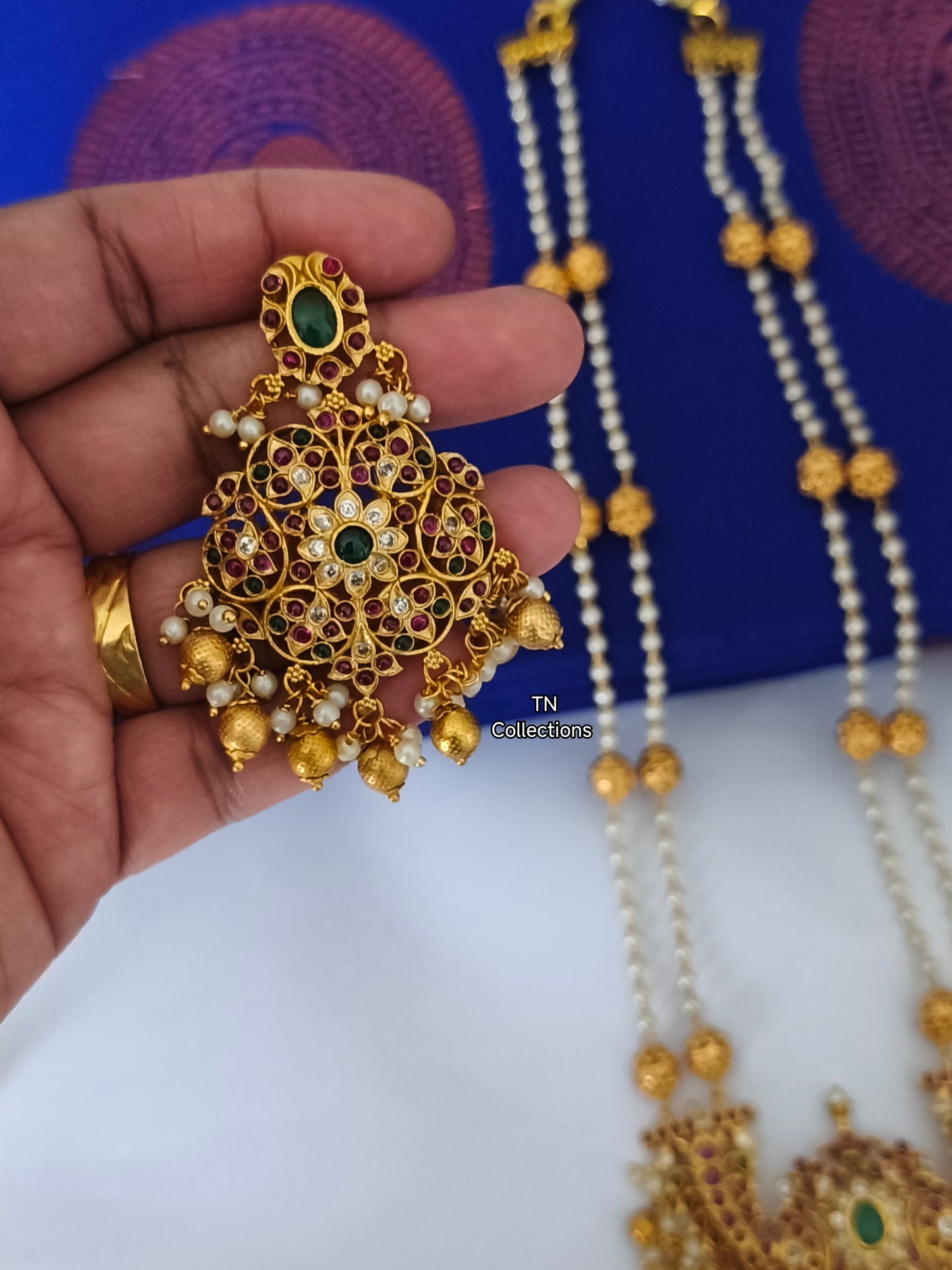 Matte Finish Real kemp stone Pearl Haaram Set