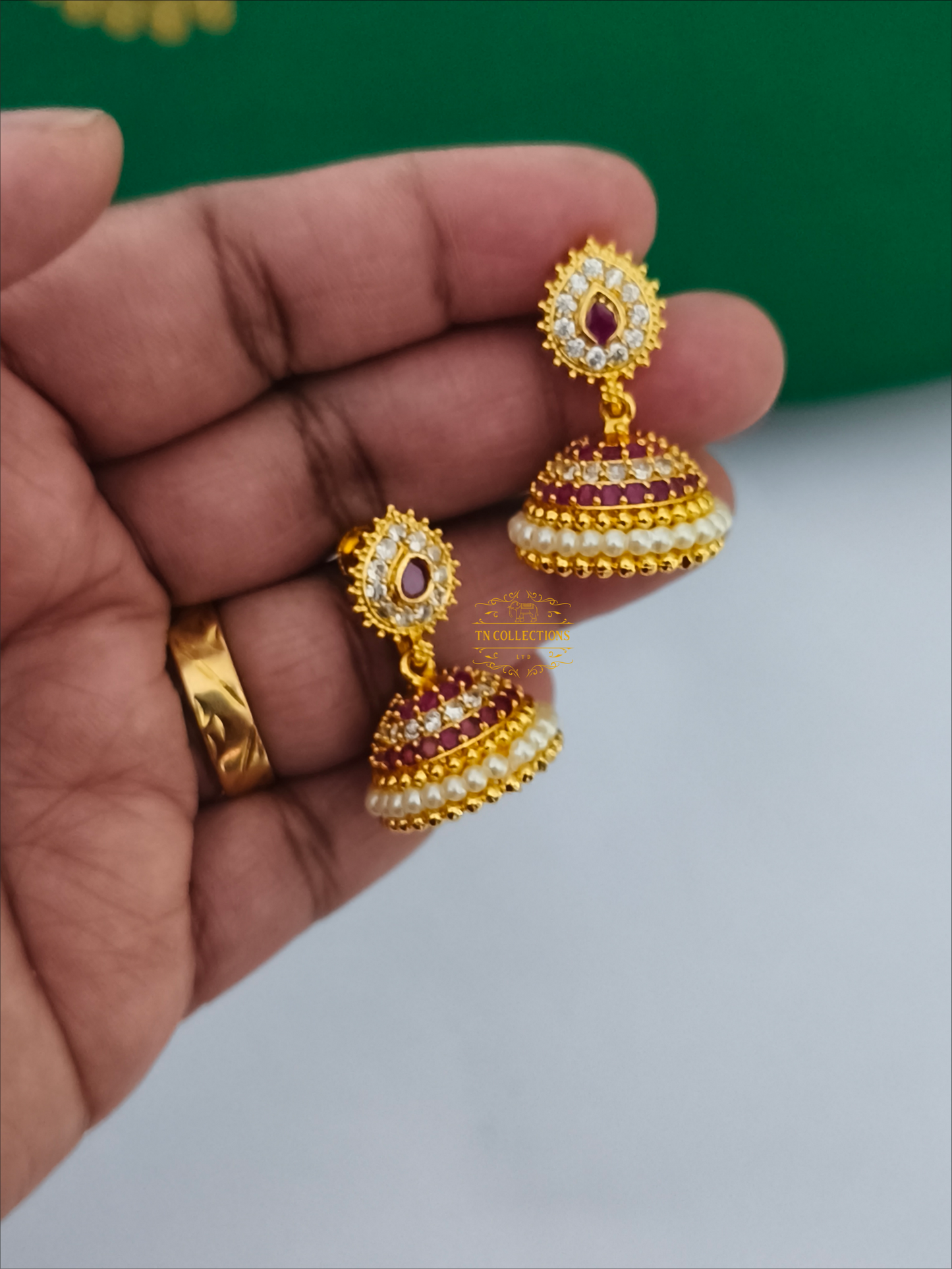 Micro Gold plated Jhumkas (Ruby and white stones)
