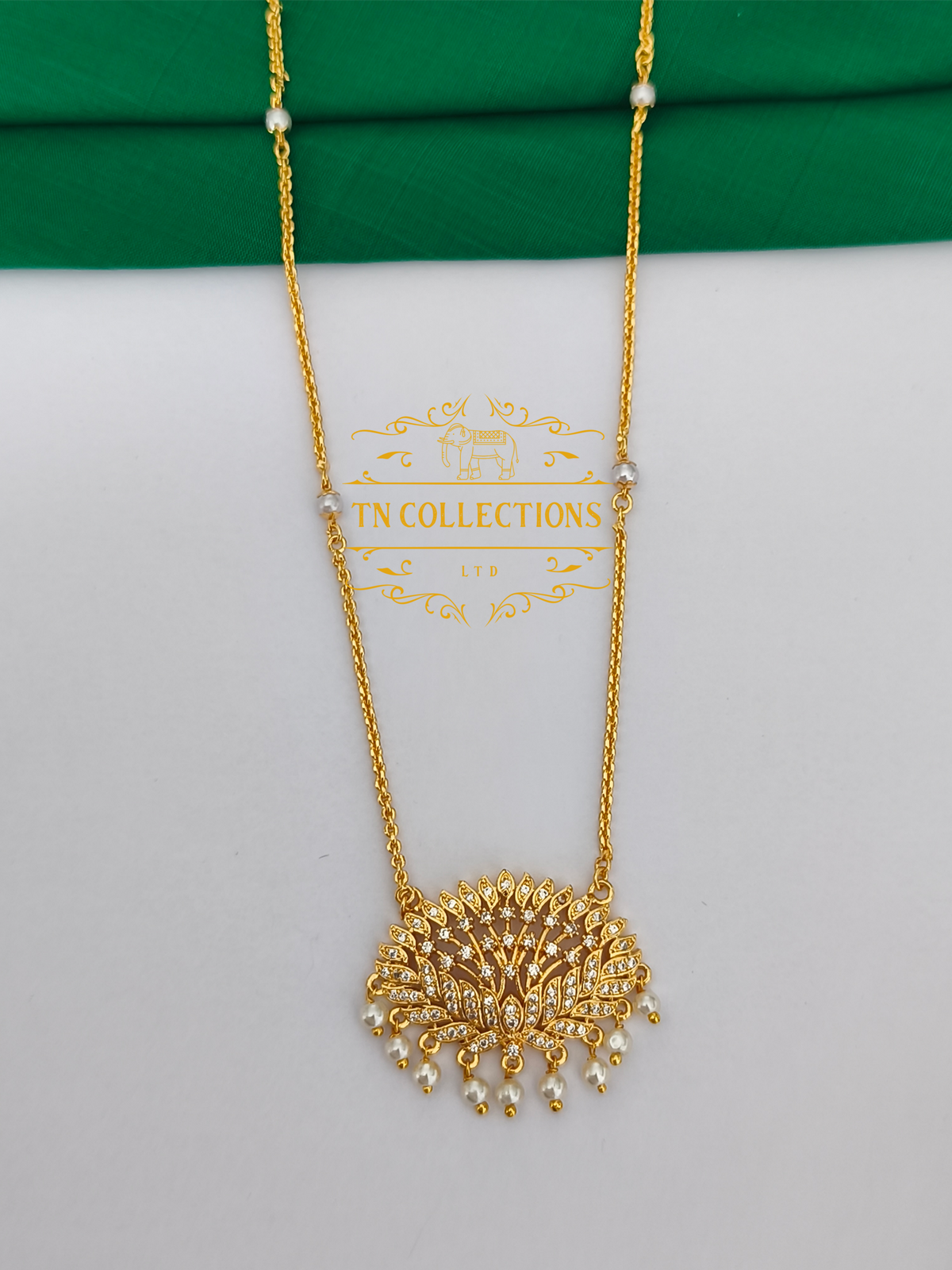 Micro Gold-Plated Floral design Pendant with Pearl chain (Full white stones)