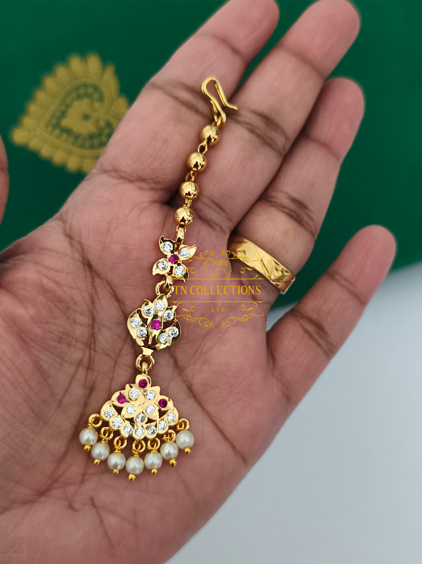 Micro Gold-Plated Tikka with Pearls (Ruby & White stones)