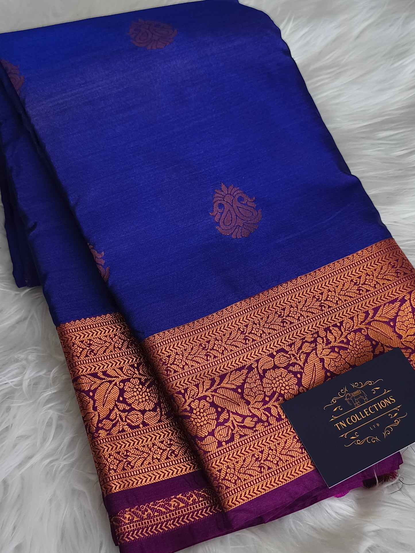 Blue Premium Kanchi Semi Silk saree with contrast blouse