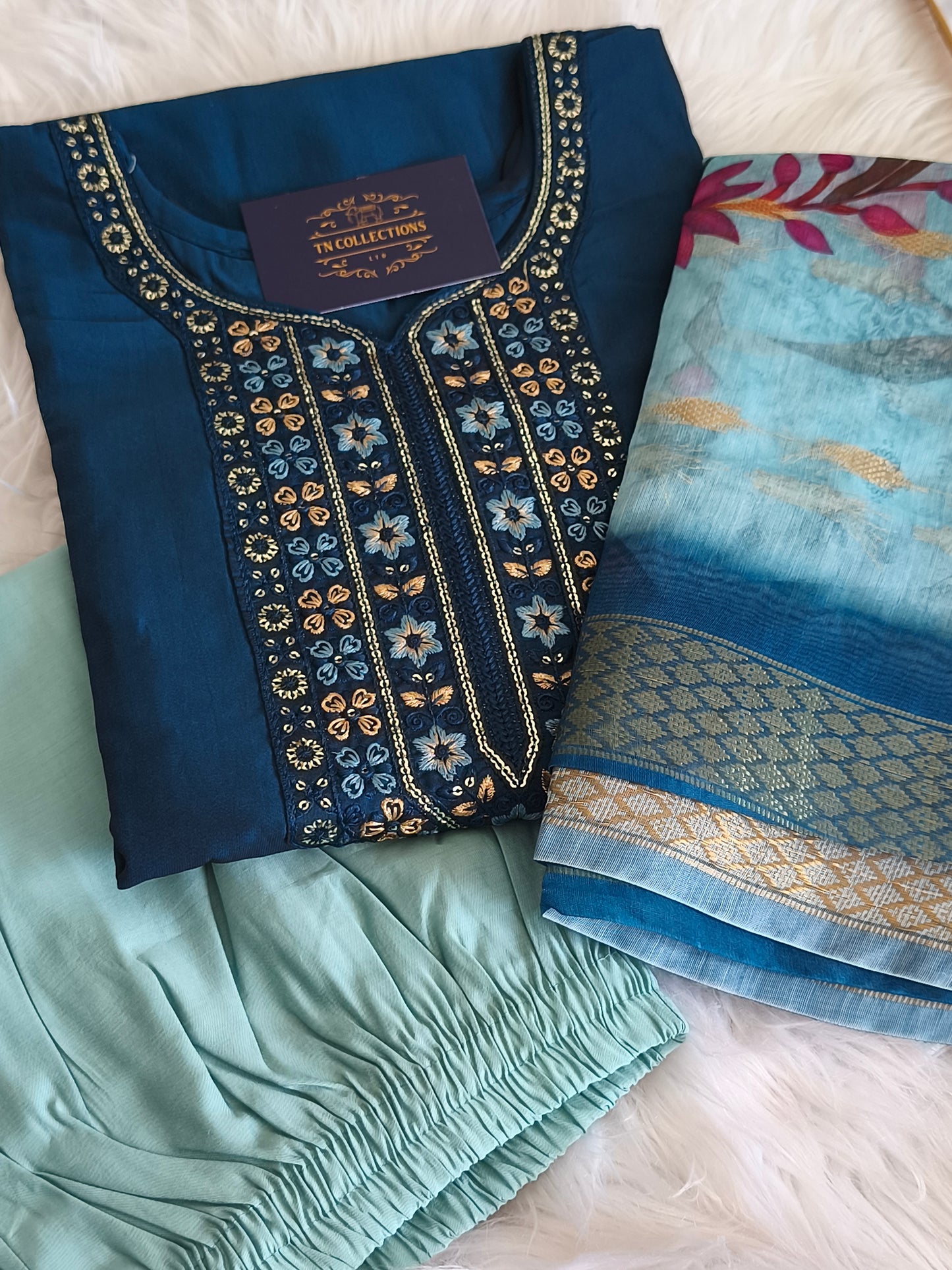 Stylish 3 Piece Embroidered Side Open Shalwar Suit with Floral Dupatta- (Size XL)