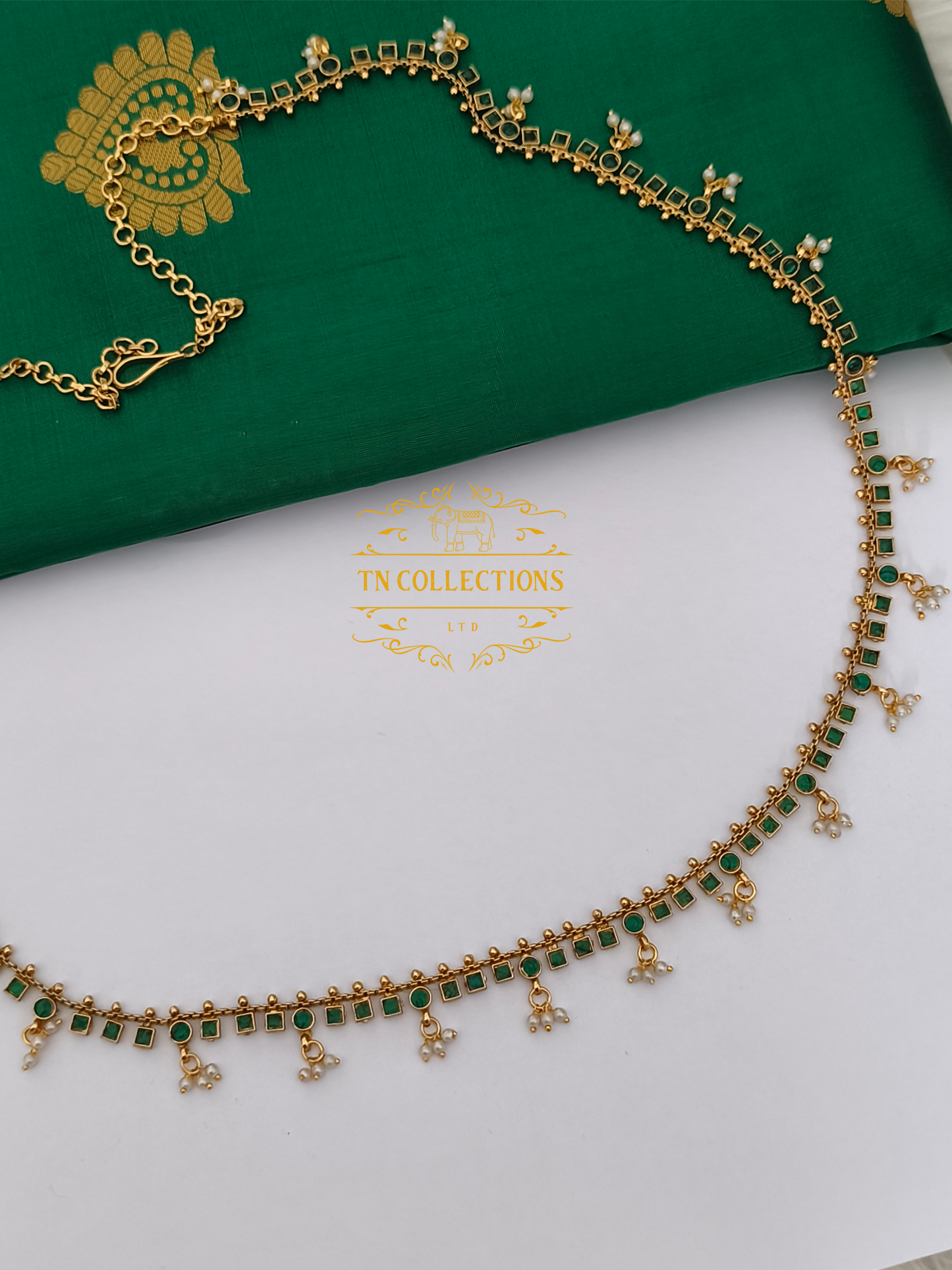 Kemp Stone Brass metal Hip Chain( Green Stones)