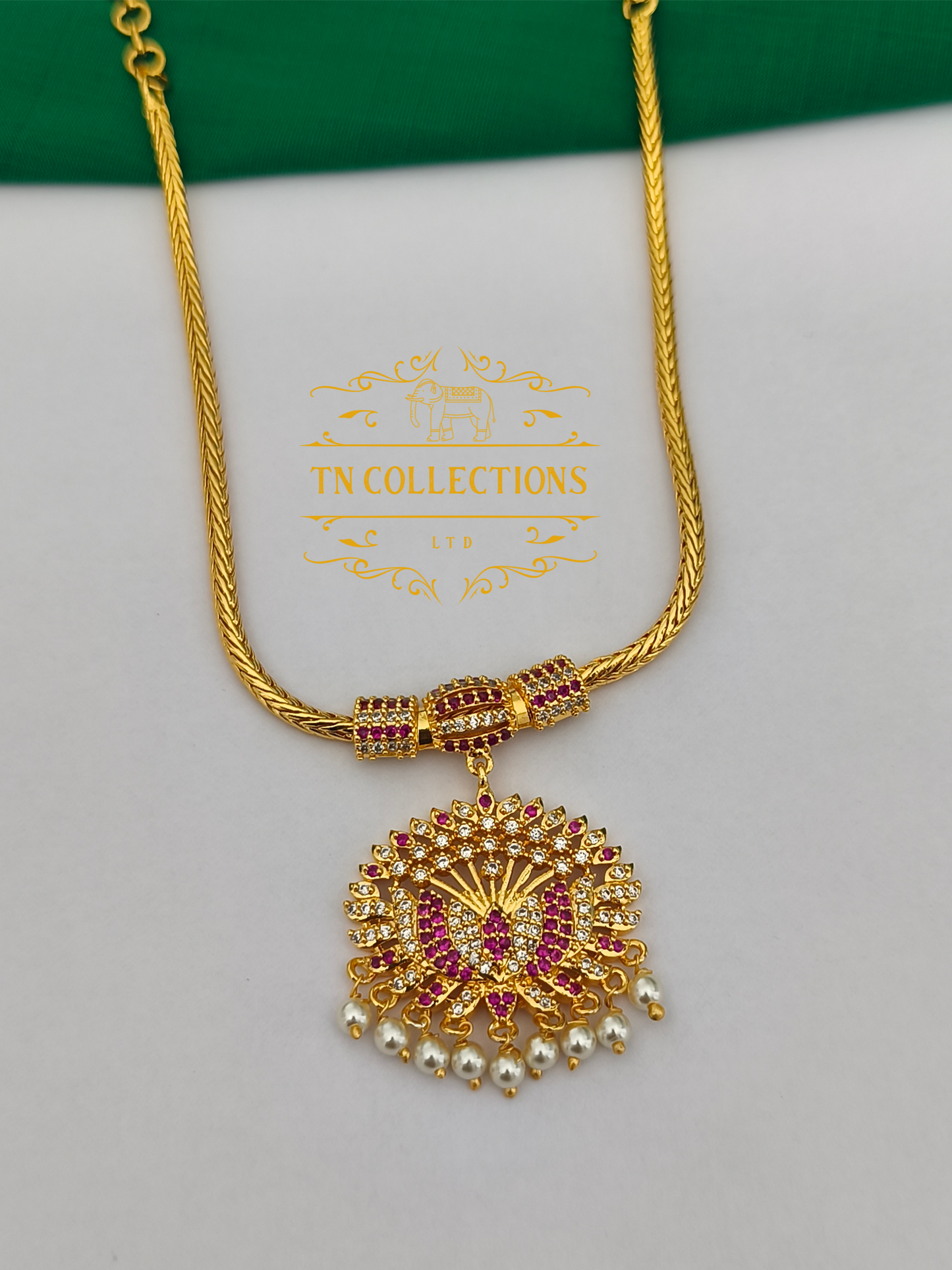 Micro Gold-Plated Traditional Necklace (Ruby & White stones)