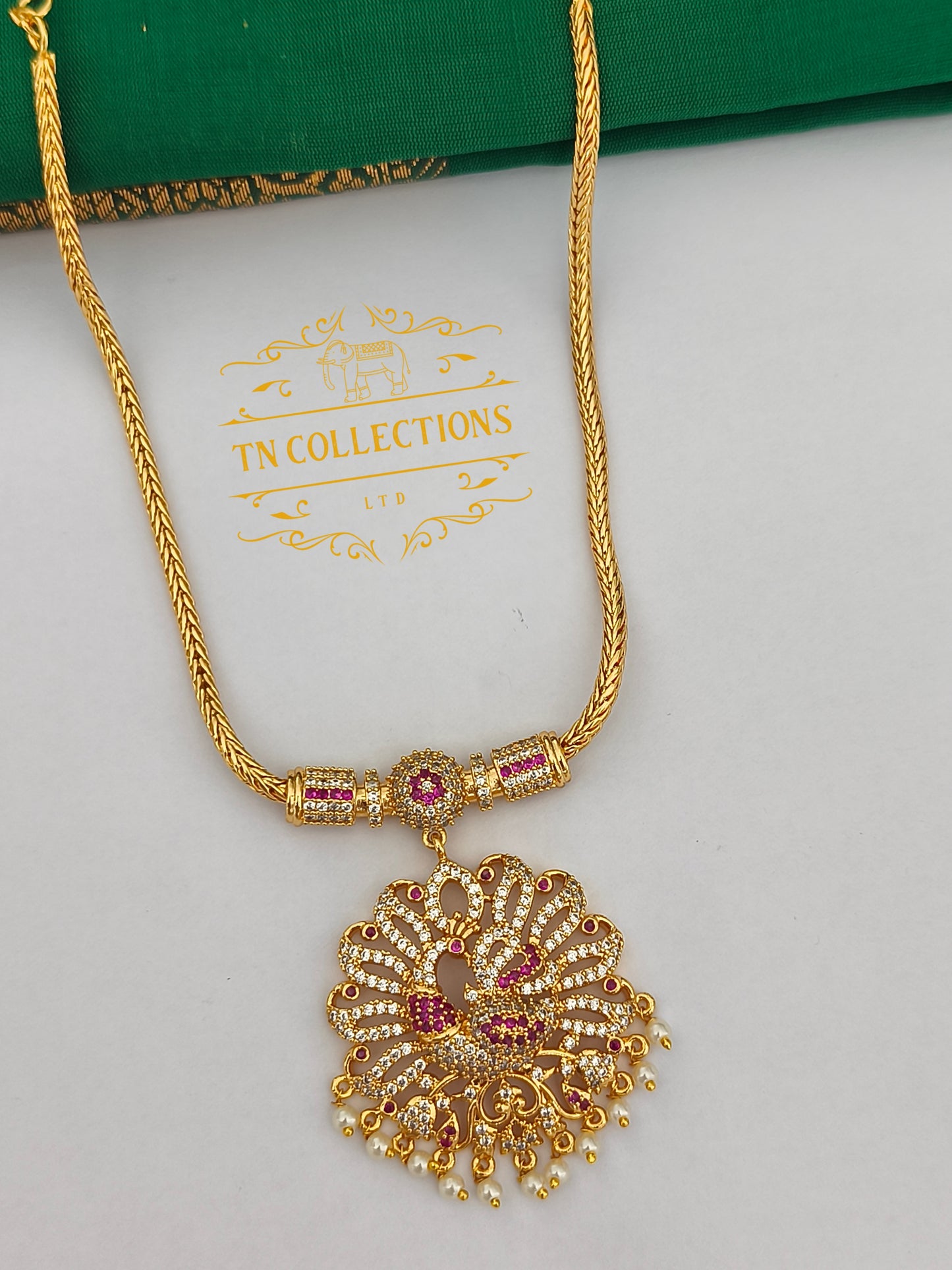 Micro Gold-Plated Peacock Attiyal (Ruby & White stones)