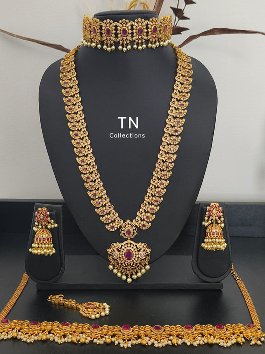 Matte gold Ruby & white Stone Semi Bridal Set/ wedding jewellery Set