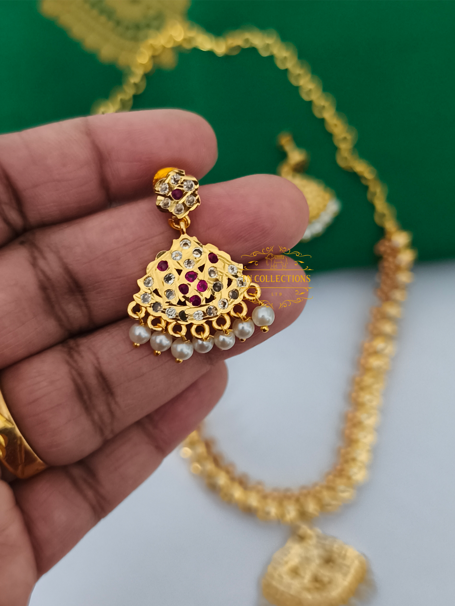 Micro Gold Plated Traditional Attiyal with earrings (Ruby & White stones)