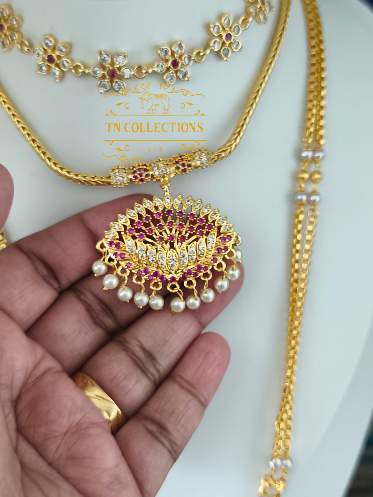 Micro Gold-Plated Trendy Semi Bridal Set (Ruby & White Stones)