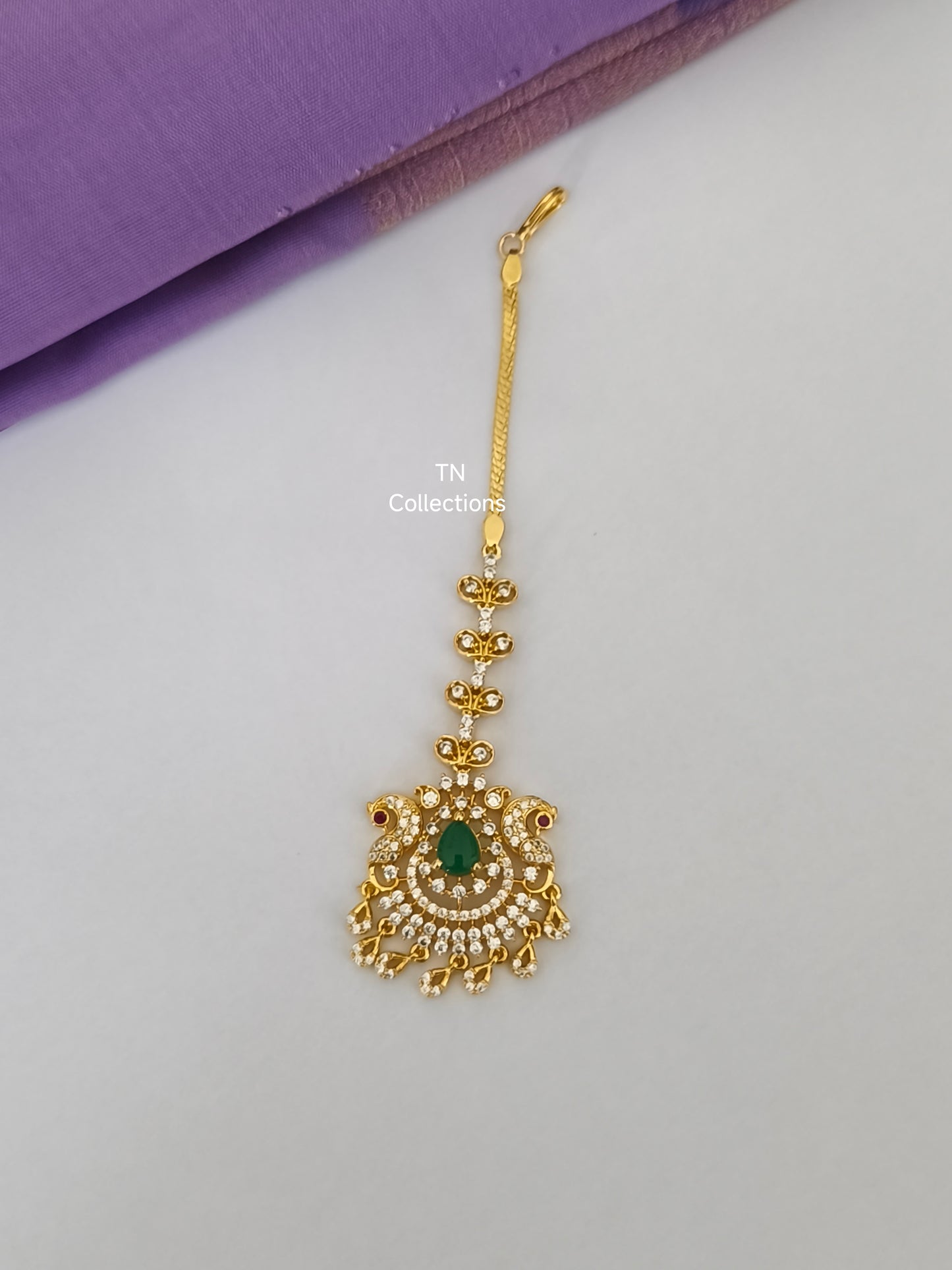 Gold Finish Tikka (White & Green stones)