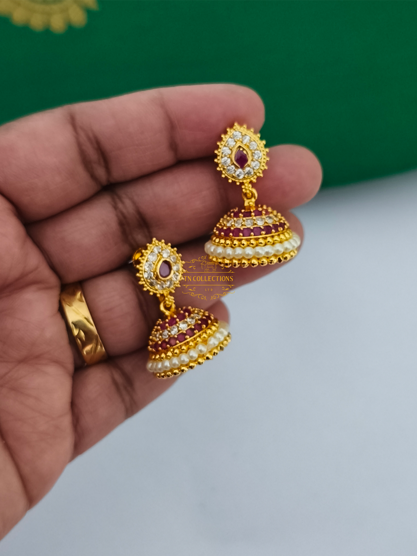 Micro Gold plated Jhumkas (Ruby and white stones)