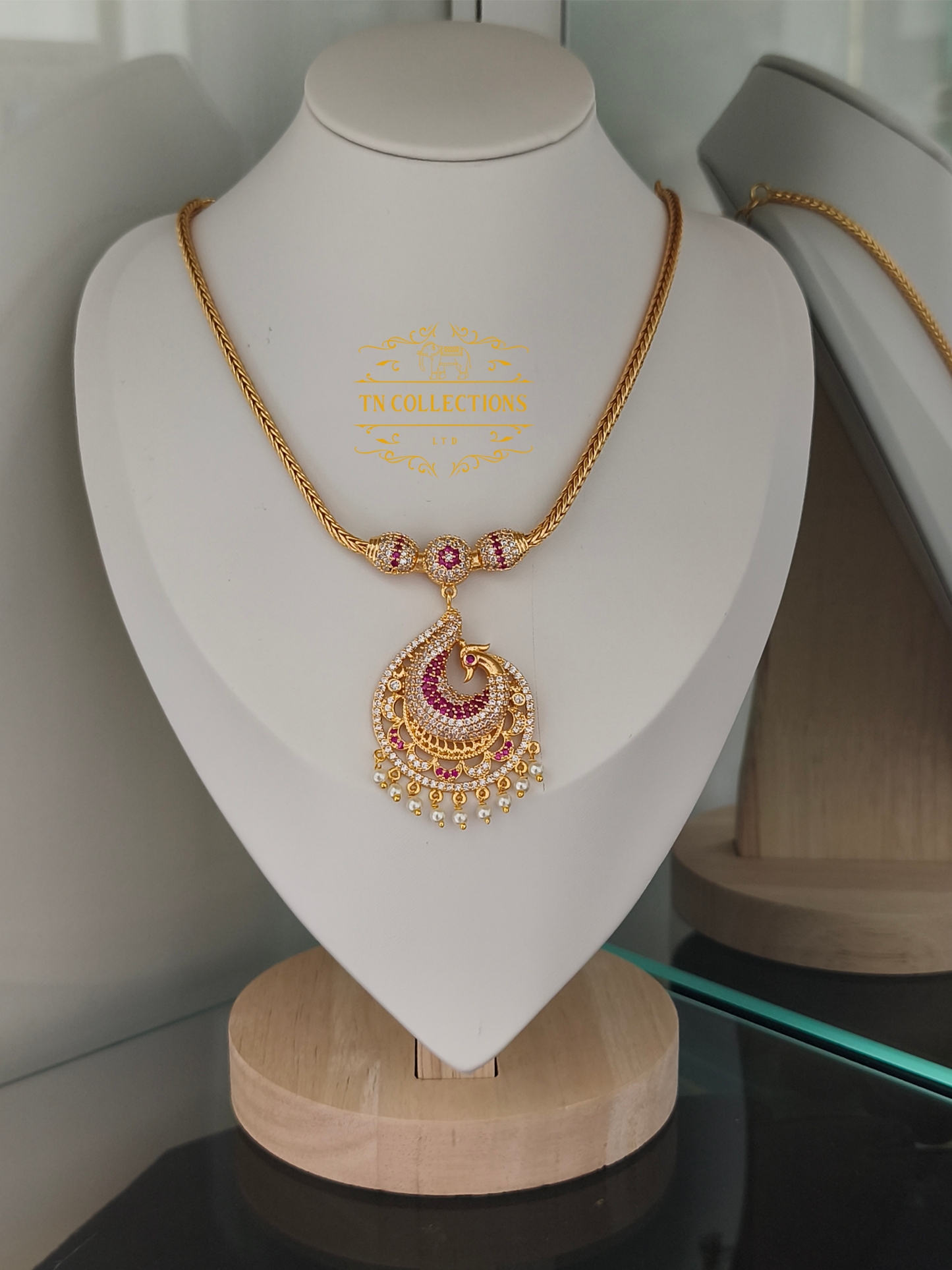Micro Gold-Plated Traditional Peacock Attiyal (Ruby & white stones)