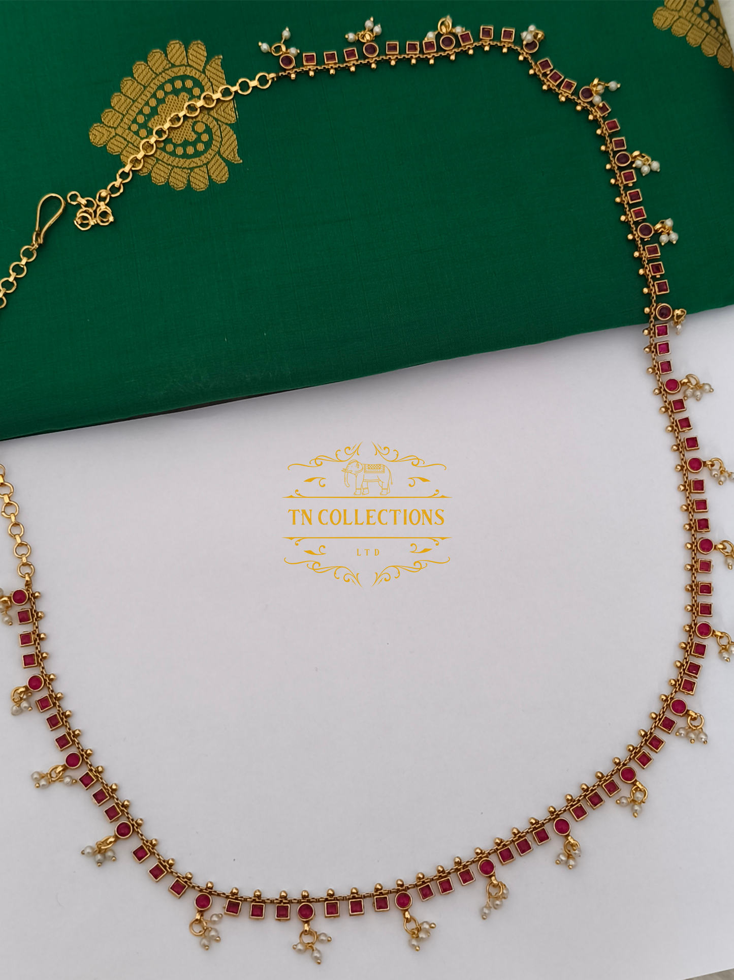 Kemp Stone Brass metal Hip Chain (Ruby Coloured Stone )