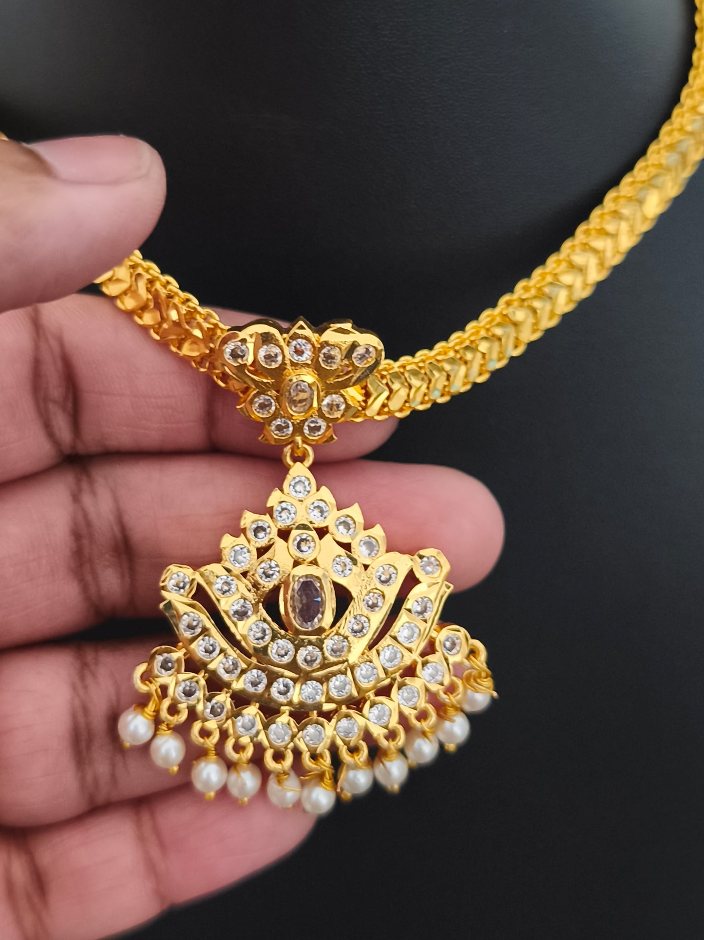 Micro gold plated Traditional Necklace/Attiyal (Full white stones)