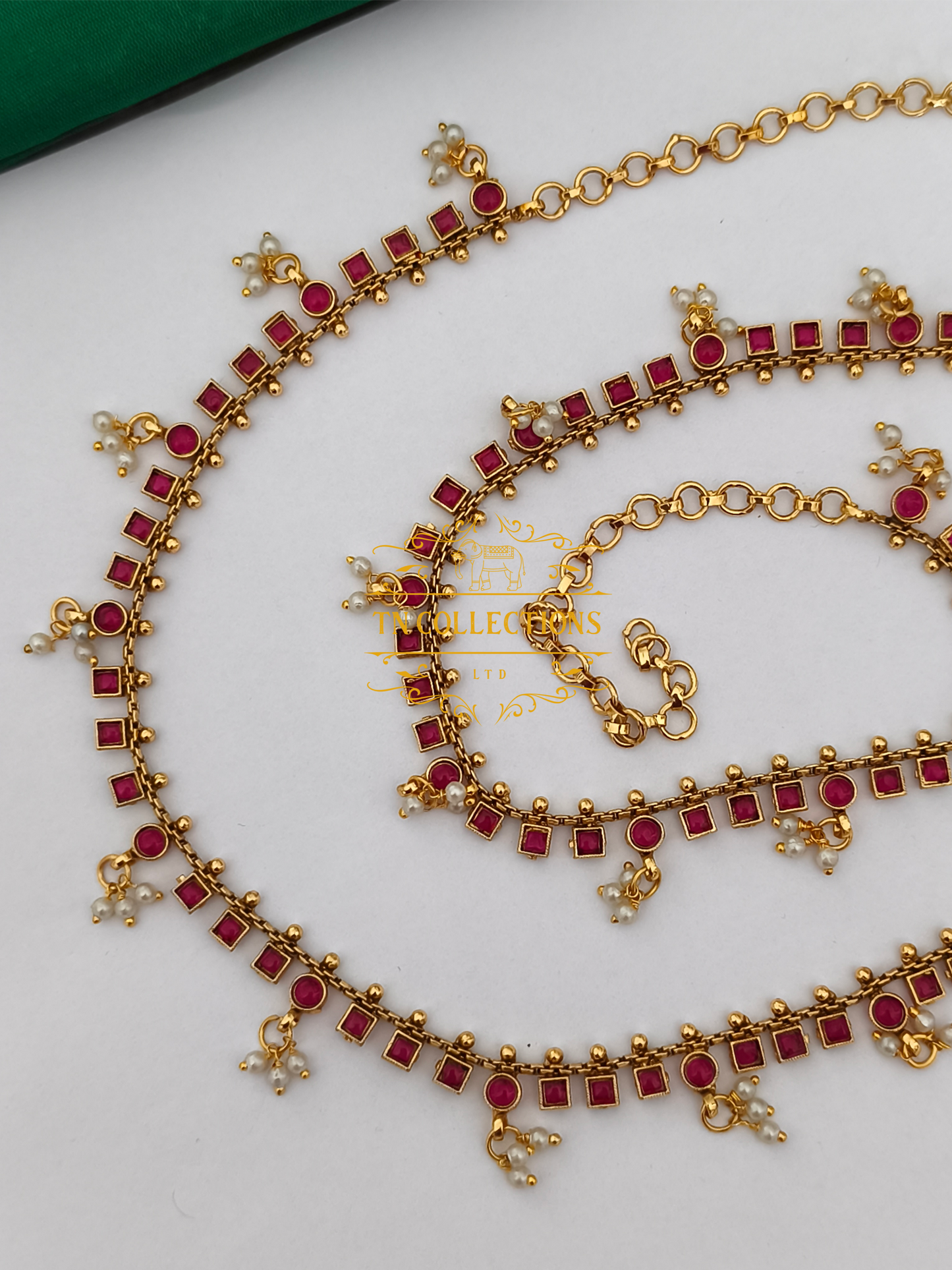 Kemp Stone Brass metal Hip Chain (Ruby Coloured Stone )