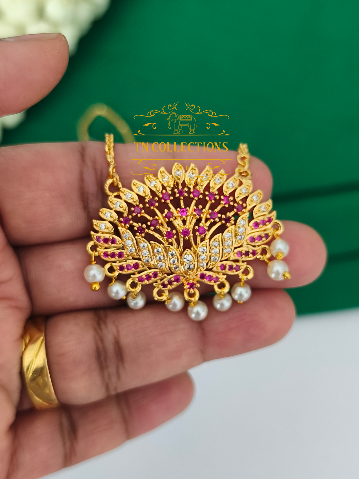 Micro Gold-Plated Floral design Pendant with Pearl chain (Ruby and white stones)