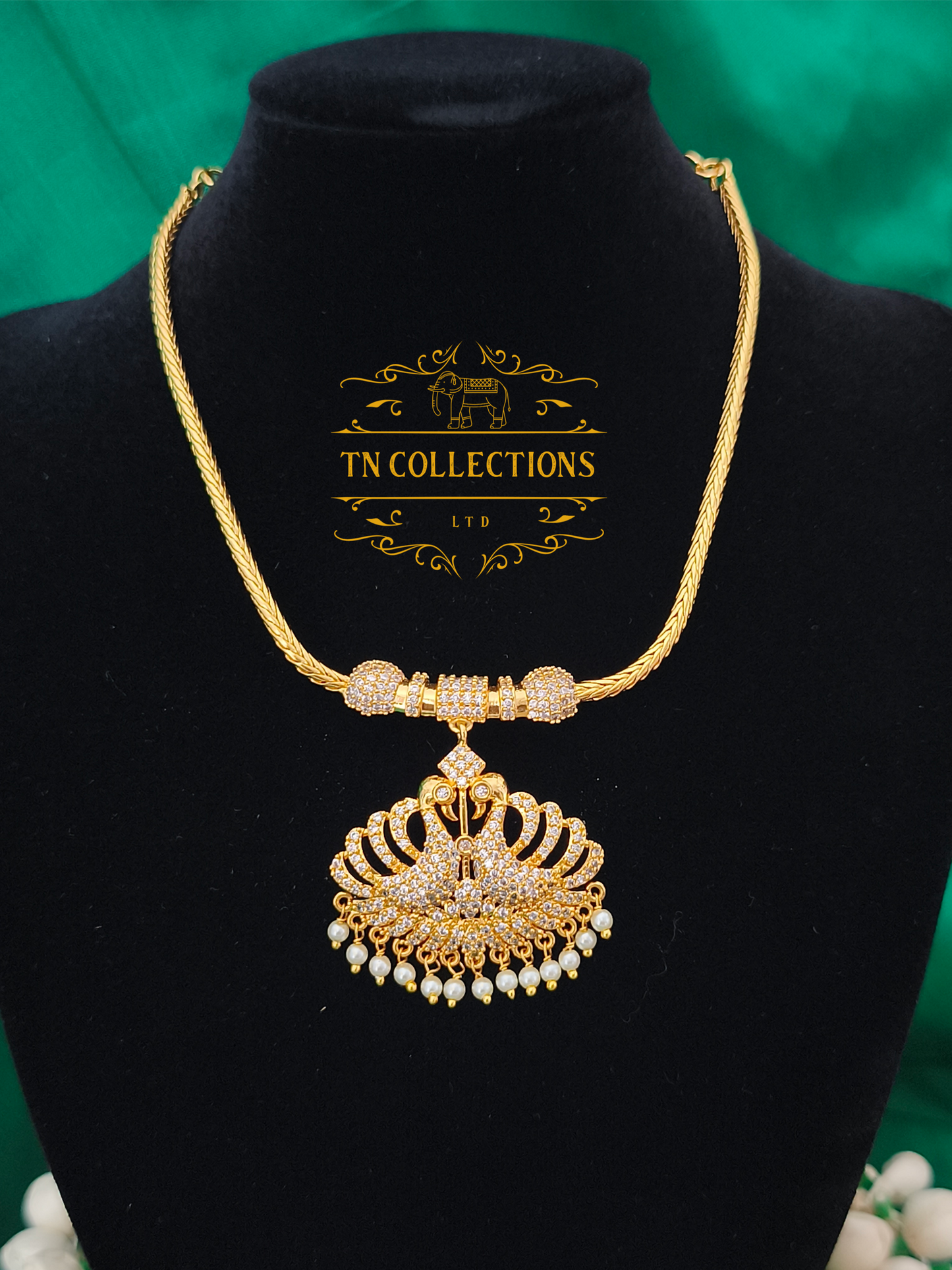Micro Gold-Plated Peacock Attiyal (Full white stones)