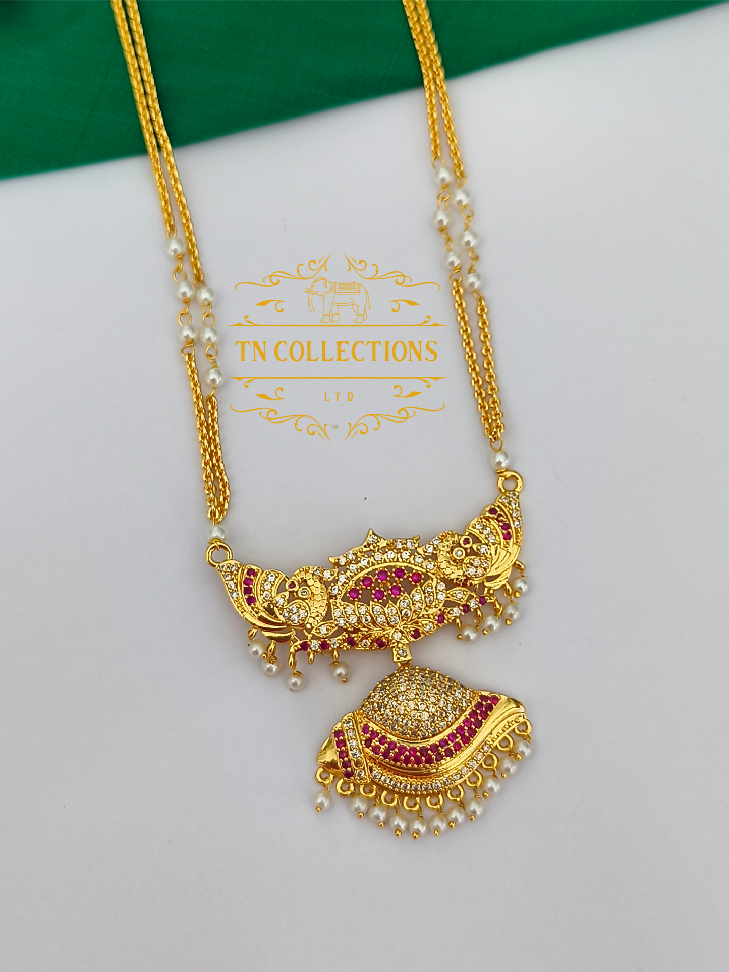 Micro Gold Finish Traditional Pathakkam with Pearl chain (Ruby & White stones)