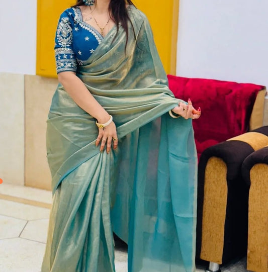 Blue Soft and shiny Space silk saree with Readymade Blouse