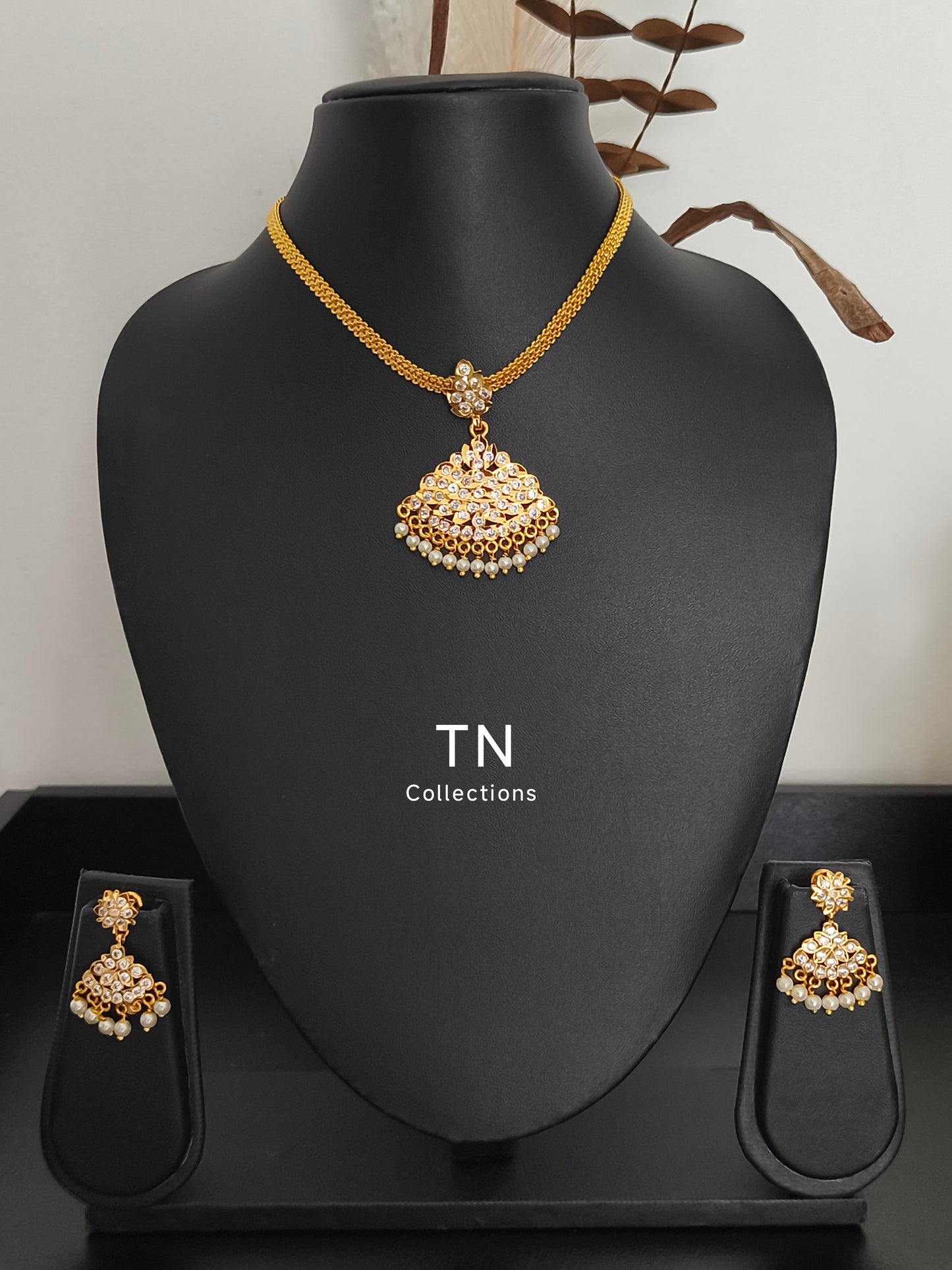Micro gold plated Impon Attiyal with earrings (Full white stones)