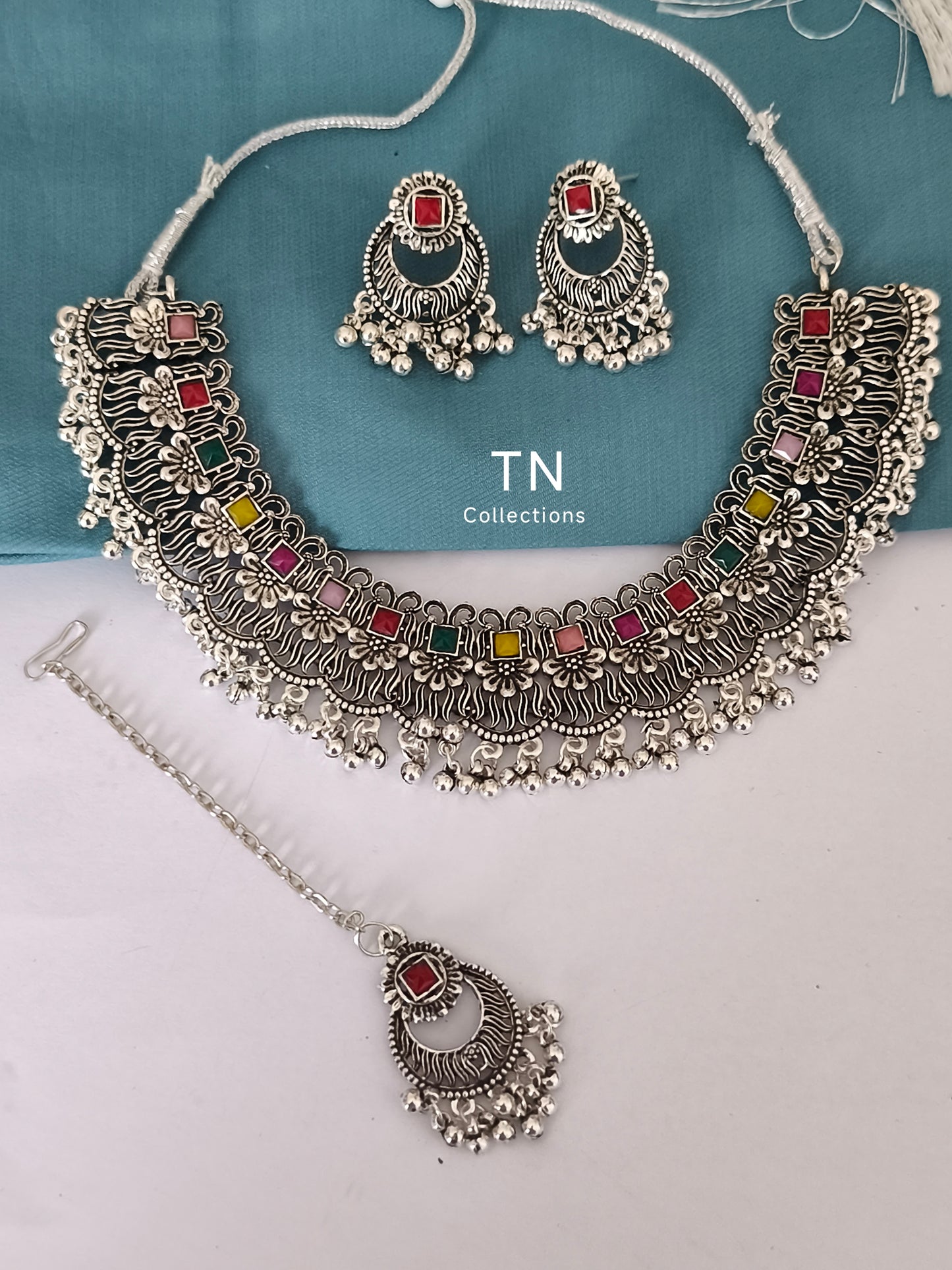 Silver Multi coloured Necklace Set