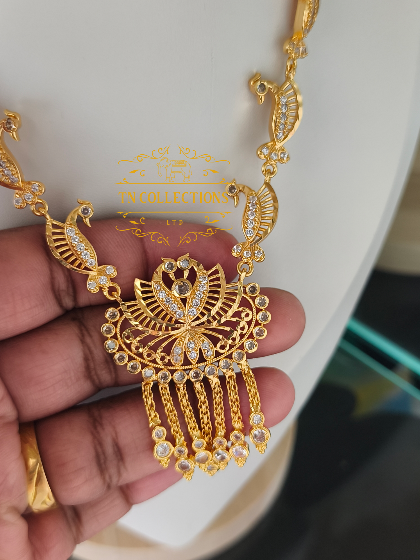Micro Gold-Plated Traditional Peacock Design Necklace Set (Full White stones)