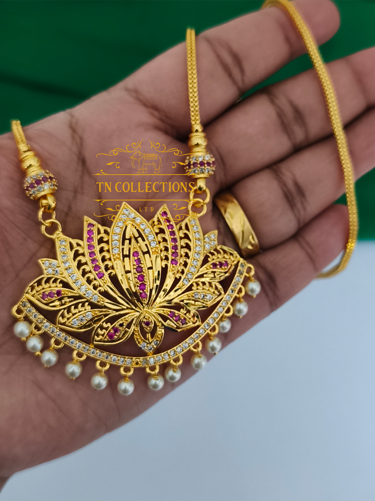 Micro Gold-Plated Lotus Pathakkam with Chain (Ruby & White stones)