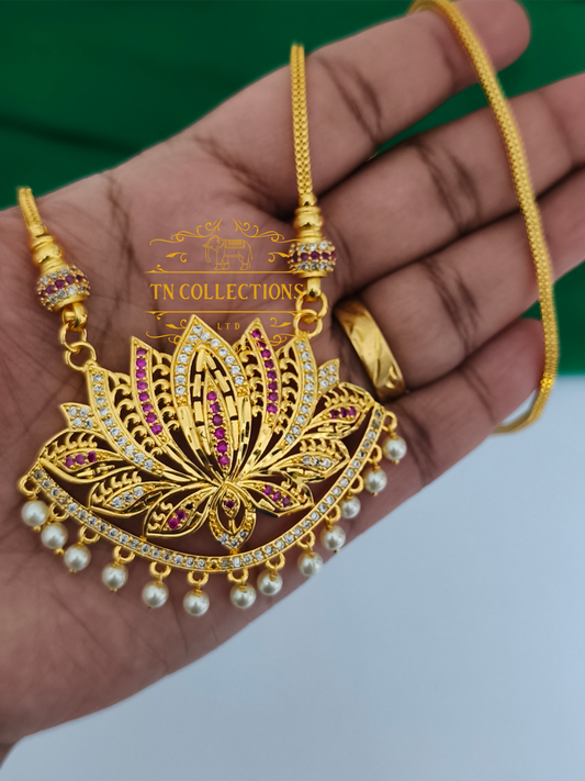 Micro Gold-Plated Lotus Pathakkam with Chain (Ruby & White stones)