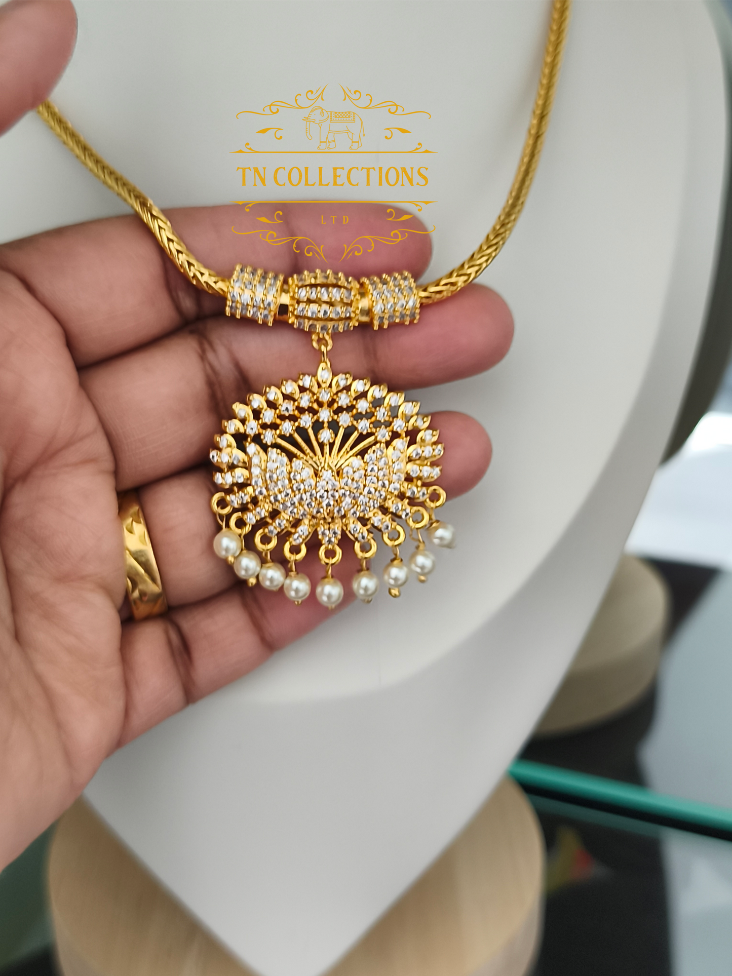 Micro Gold-Plated Traditional Necklace (Attiyal) Full white stones