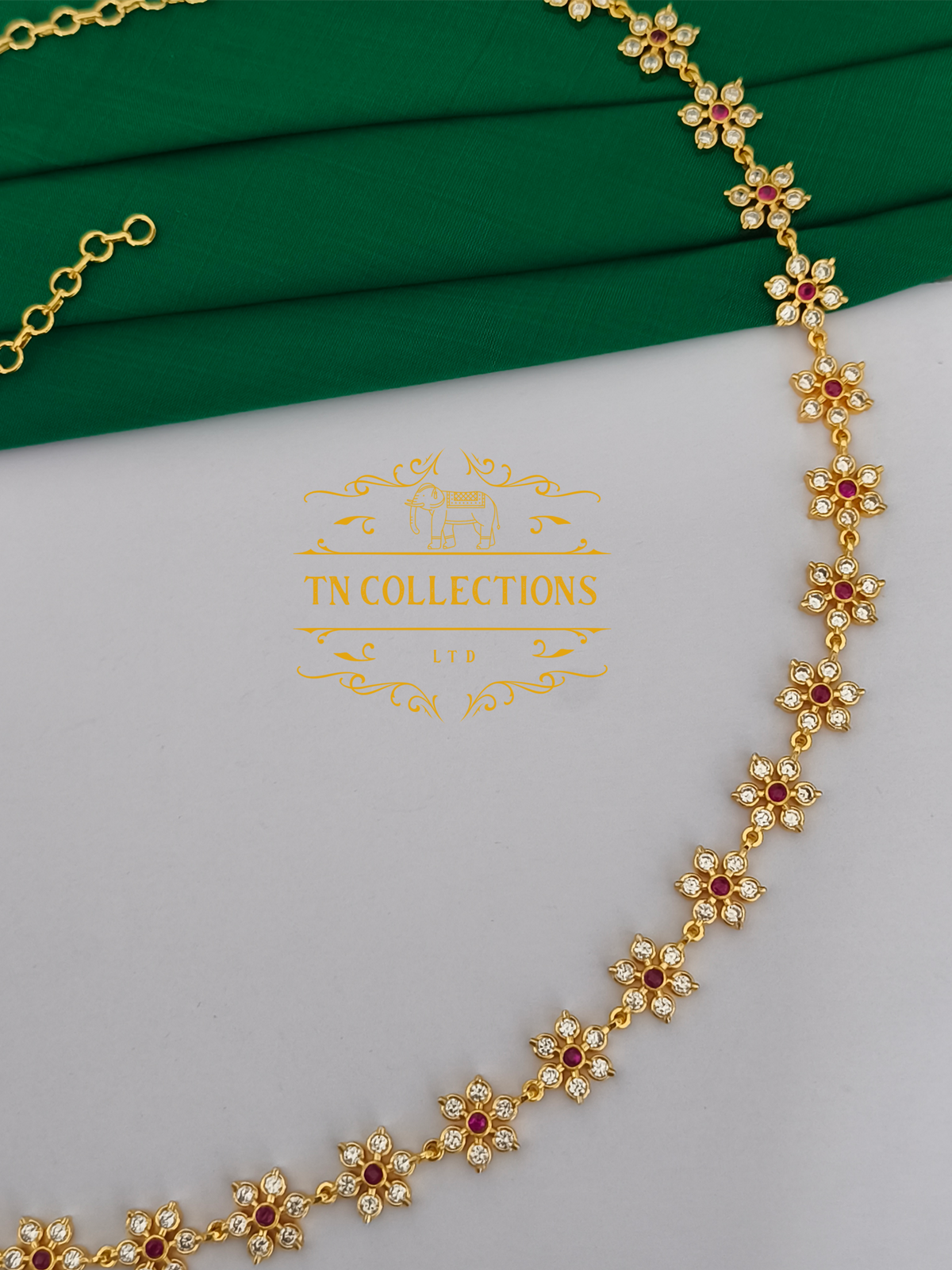 Micro Gold Finish CZ Floral Hip Chain (Ruby and white stones)