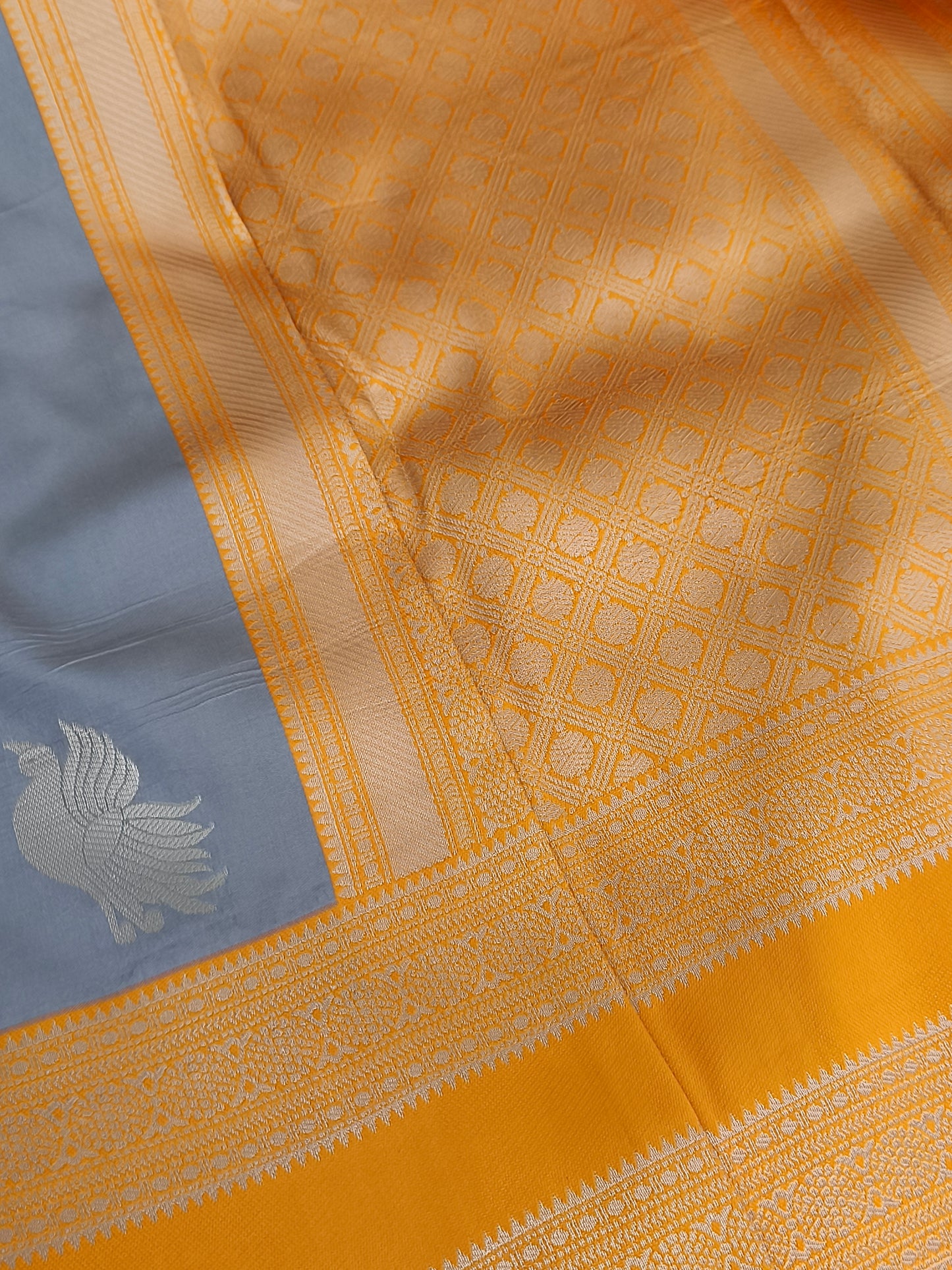 Grey with yellow Kanchi Soft silk saree