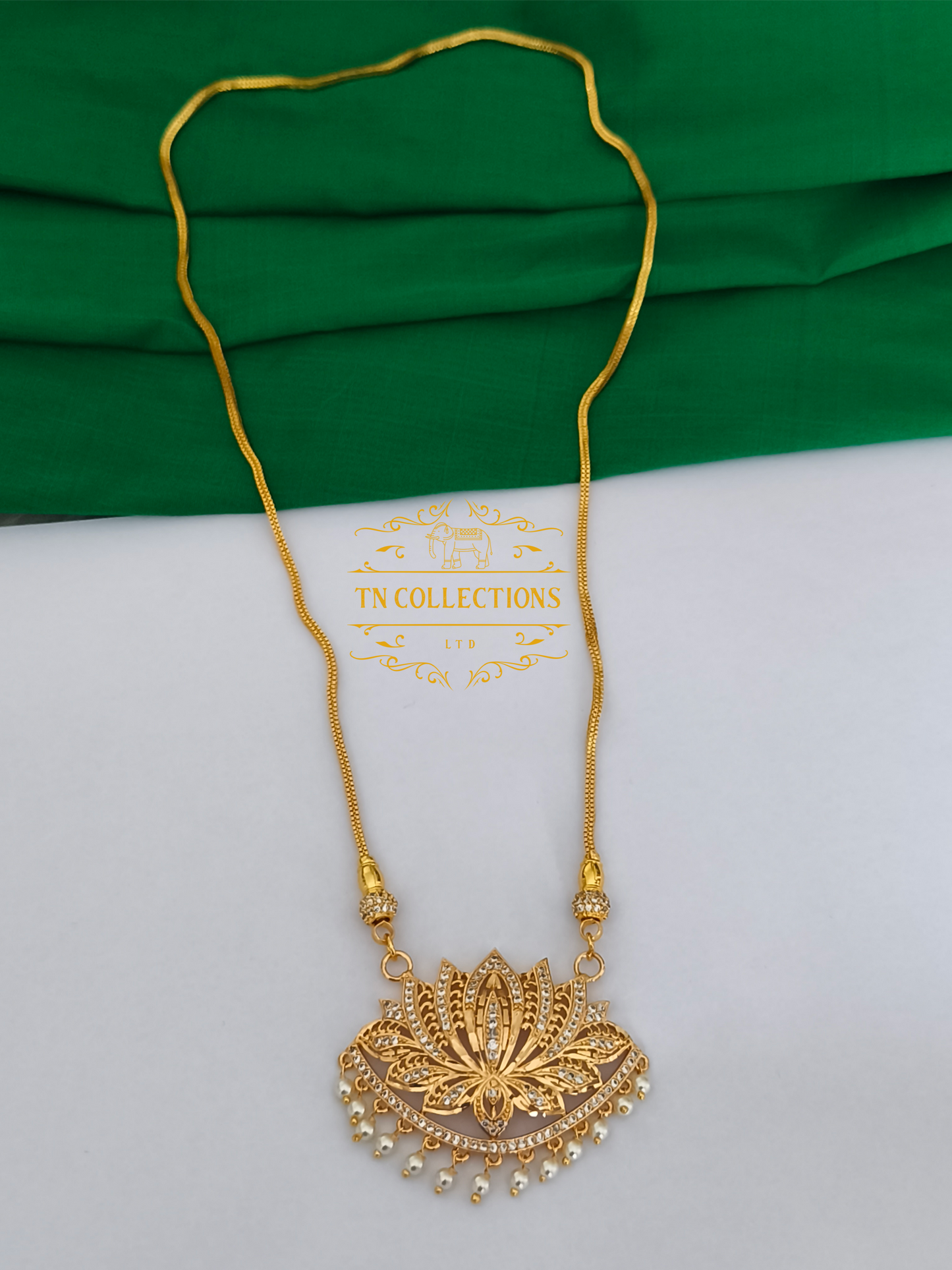 Micro Gold-Plated Lotus Pathakkam with Chain (Full white stones)