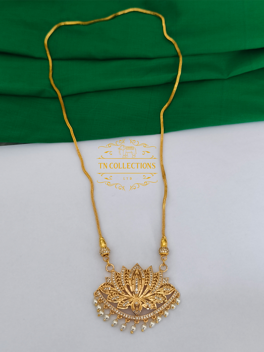 Micro Gold-Plated Lotus Pathakkam with Chain (Full white stones)