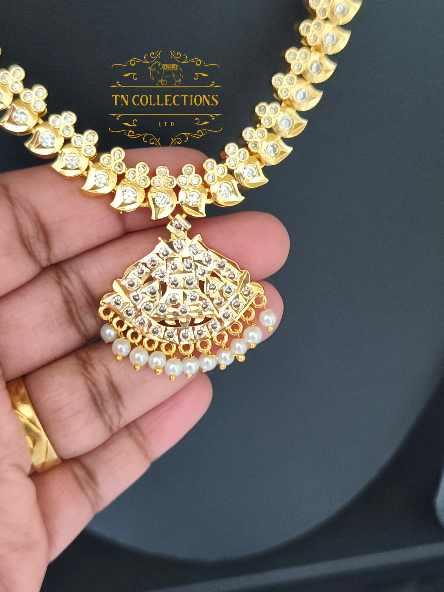 Micro Gold Plated Traditional Attiyal with earrings (Full White stones)