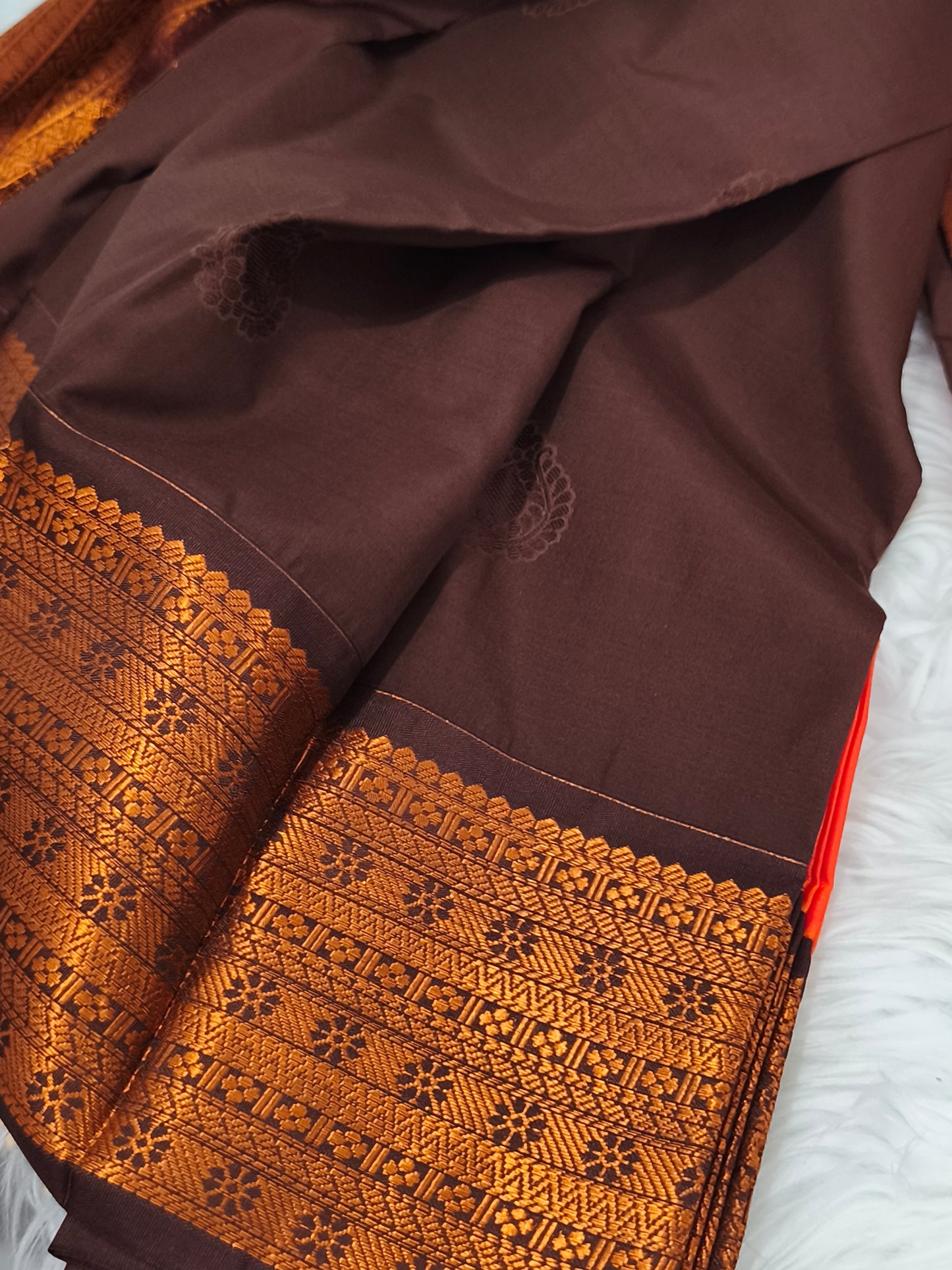 Pure Kanchi Semi Silk Saree(Rusty Orange with Coffee Brown)