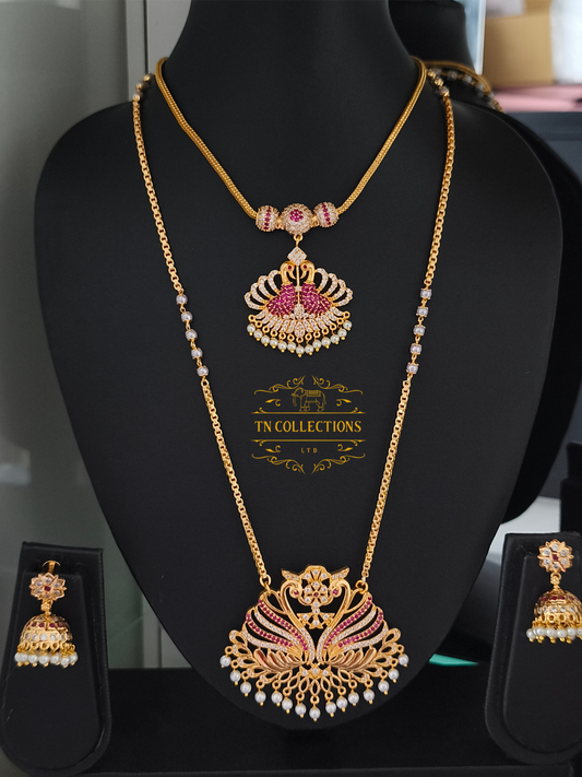 Micro Gold-Plated Traditional Peacock Design Attiyal Pathakkam Set (Ruby & White)