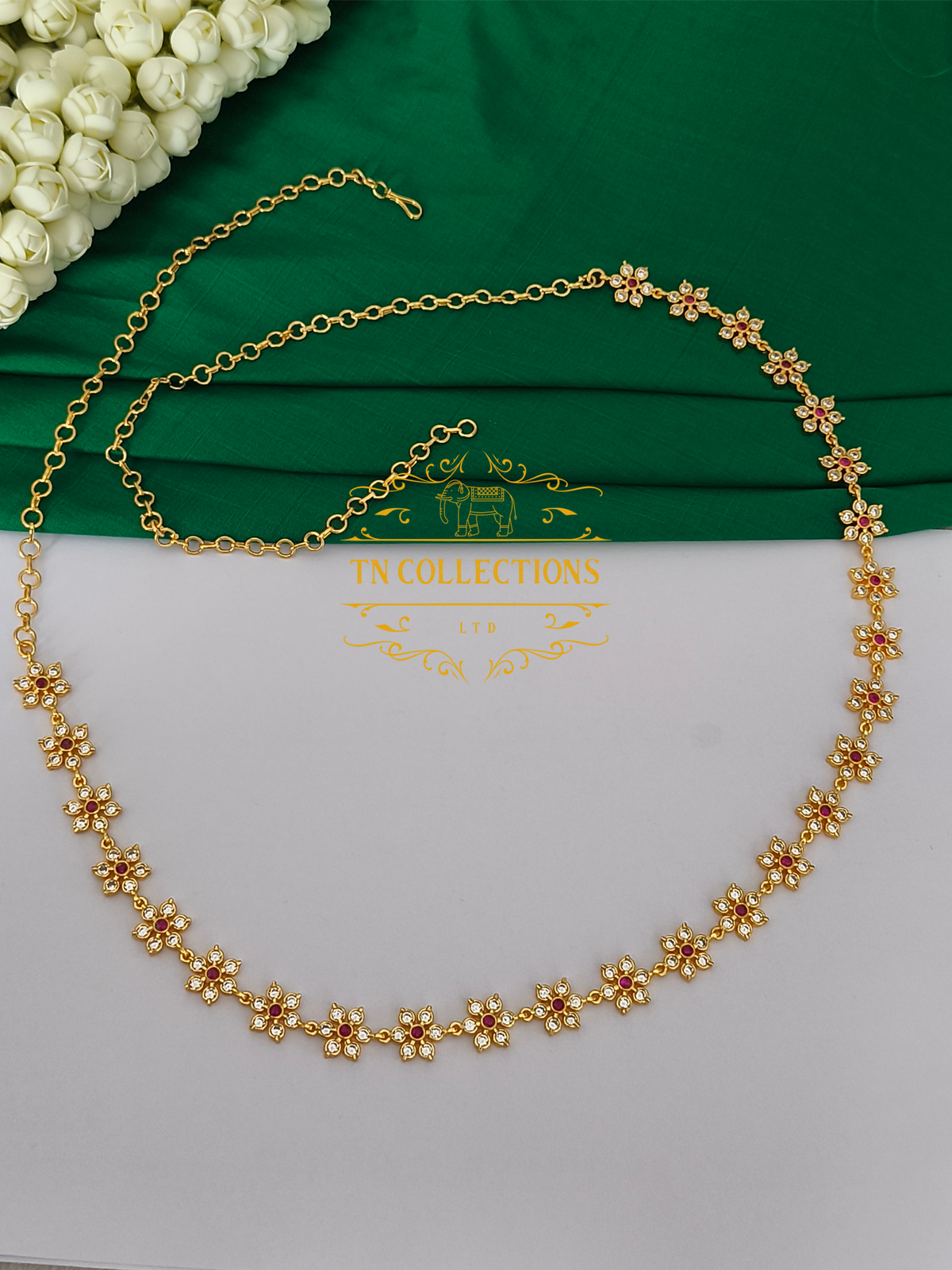 Micro Gold Finish CZ Floral Hip Chain (Ruby and white stones)