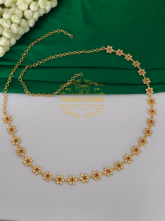 Micro Gold Finish CZ Floral Hip Chain (Ruby and white stones)