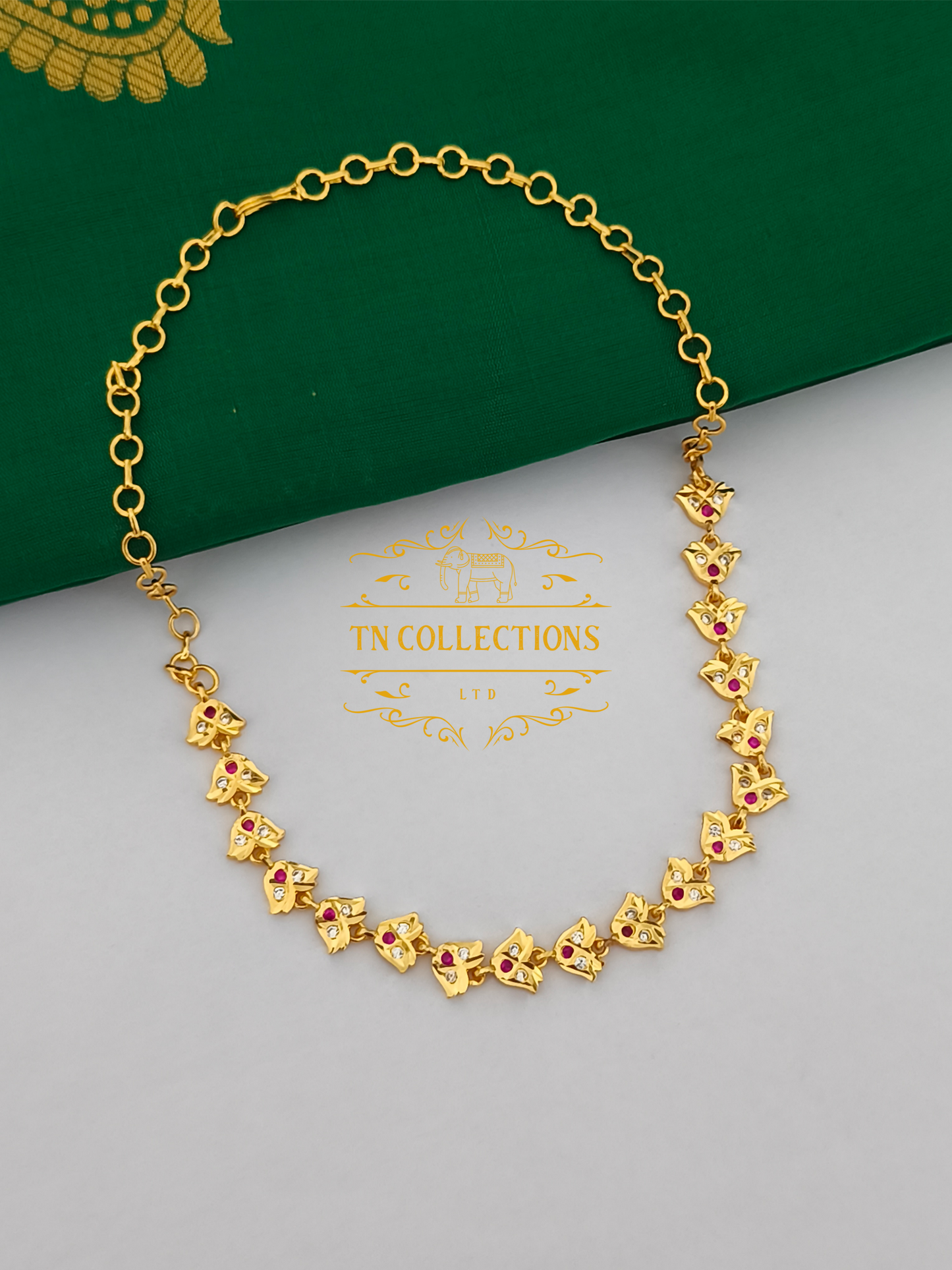 Micro Gold-Plated Impon Choker Necklace (Ruby & White stones)